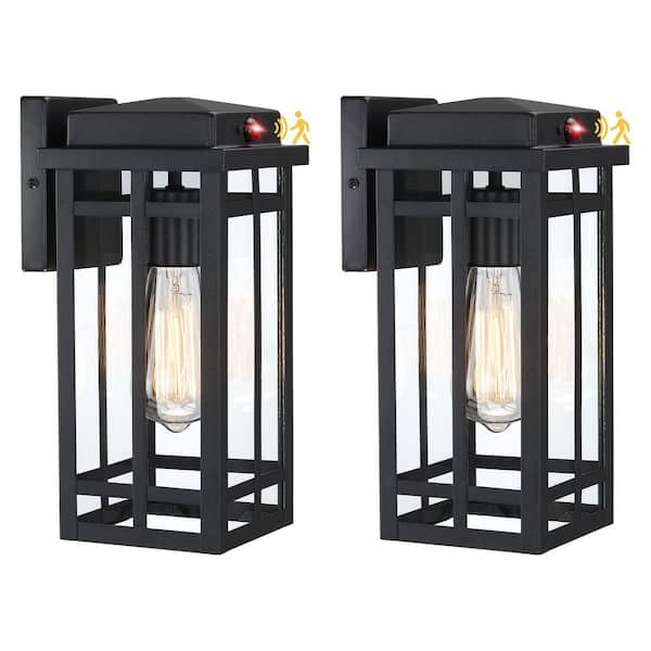 11.72 in. Black Motion Sensing Dusk to Dawn Outdoor Hardwired Porch Wall Lantern Scone Light, 2-Pack