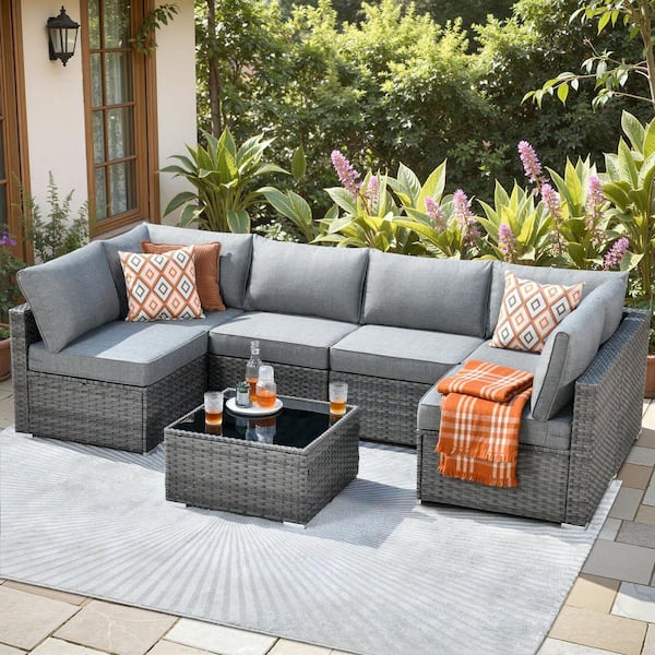 Sanibel Gray 7-Piece Wicker Outdoor Patio Conversation Sofa Sectional Set with Dark Gray Cushions