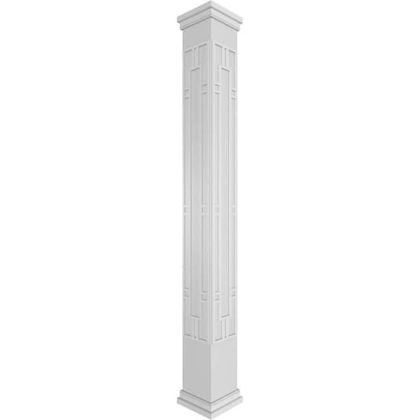 Ekena Millwork 9-5/8 in. x 9 ft. Premium Square Non-Tapered Hastings Fretwork PVC Column Wrap Kit w/Prairie Capital and Base