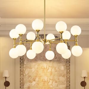 Ameal 16-Light Glam Brushed Brass Sputnik Pendant Up and Down Chandelier for Kitchen Island with Frosted Glass Shade