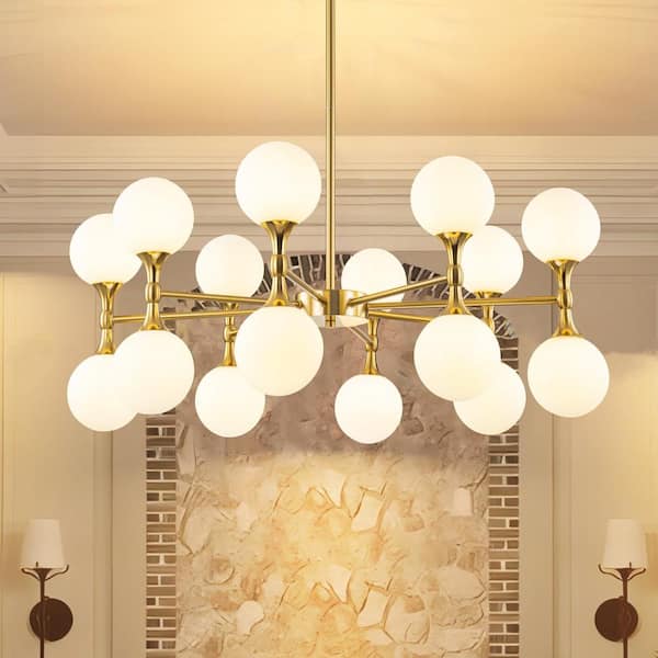 RRTYO Ameal 16-Light Glam Brushed Brass Sputnik Pendant Up and Down Chandelier for Kitchen Island with Frosted Glass Shade