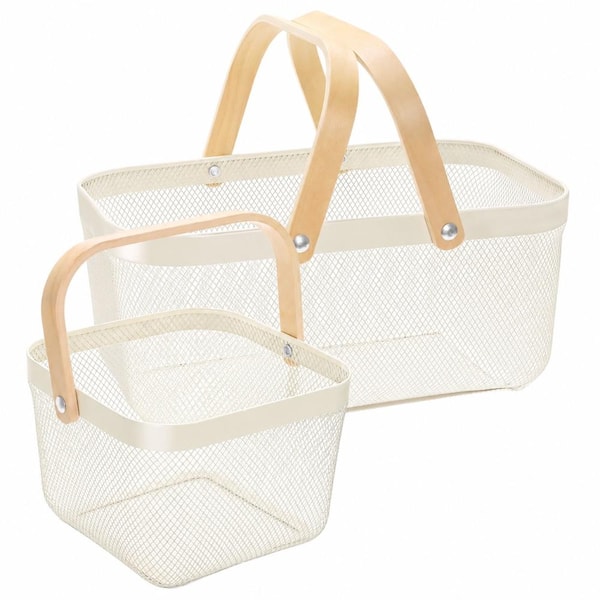2-Piece White Metal Mesh Picnic Basket Set with Wood Handles for Garden Harvest and Kitchen Storage