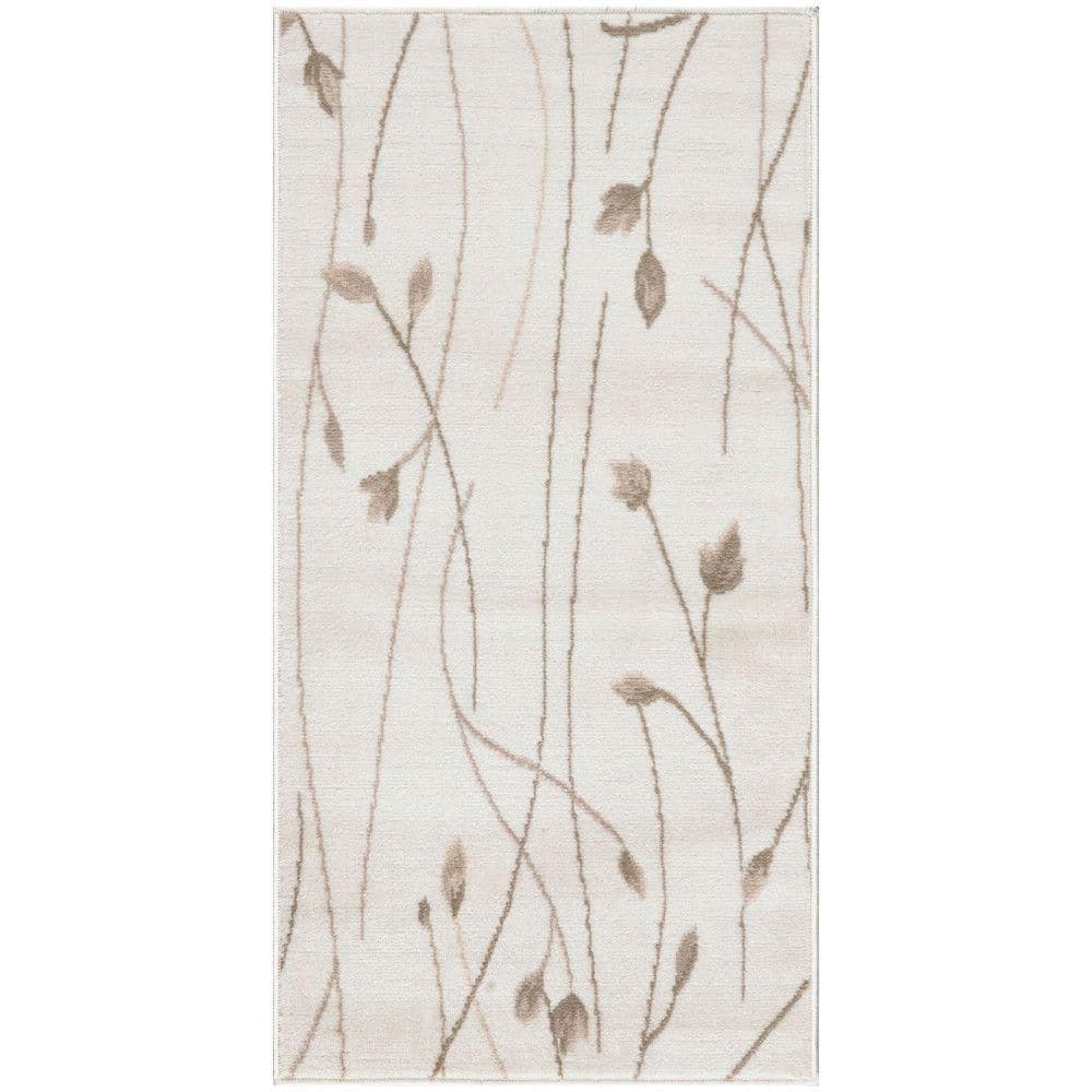 Ivory Beige Floral Rectangular Synthetic Area Rug, 2x4