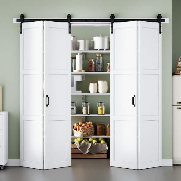 ARK DESIGN 80 in. x 84 in. Easy Install 3-Panel White Primed Solid Core MDF Composite Bi-Fold Sliding Barn Door with Hardware Kit