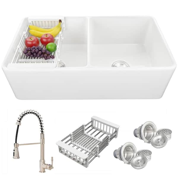 White Fireclay 33 in. Double Bowl Apron-Front Kitchen Sink with Faucets, Basket Strainer