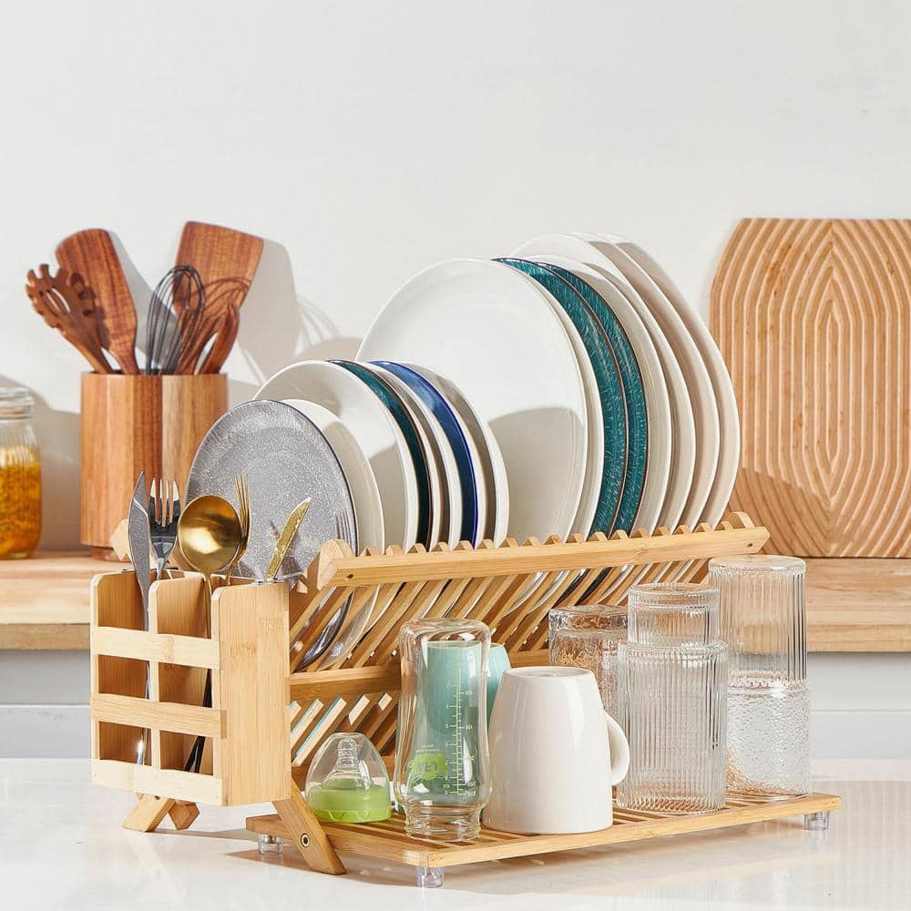 Foldable Bamboo 3-Tier Dish Rack with Utensil Holder