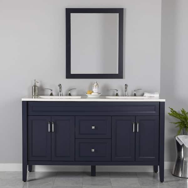 Home Decorators Collection Doveton 60 in. W x 19 in. D x 34 in. H Double Sink Bath Vanity in Weathered Tan with White Engineered Marble Top