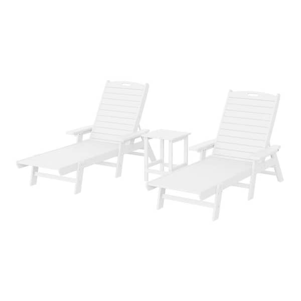 Harlo 3-Piece White Fade Resistant HDPE Plastic Reclining Outdoor Patio Chaise Lounge Arm Chair and Table Set