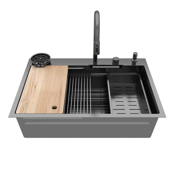 33.2 in. W Drop-In Single Bowl Matte Black Stainless Steel Kitchen Sink Workstation Set With Waterfall, Pull-Down Faucet