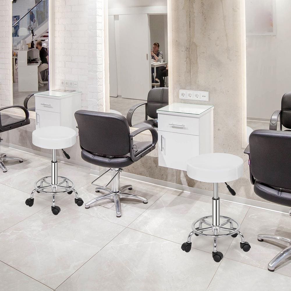 White Adjustable Swivel Round Bar Stool with Chrome Base