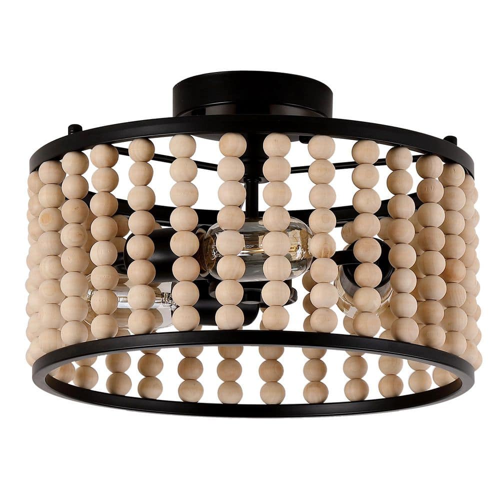 13 in 3-Light Black Wood Beaded Boho Farmhouse Semi-Flush Mount Ceiling Light for Indoor Use price history on PriceWatchPro