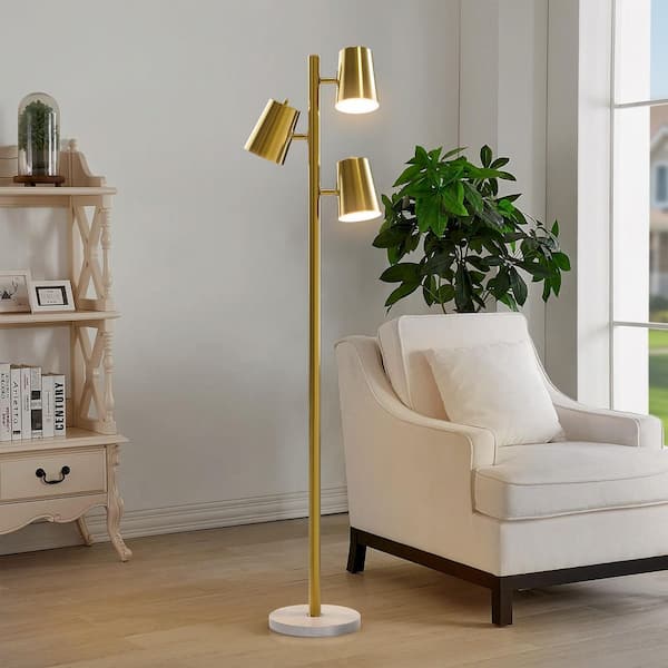 Caldwell 62 in. Brass 3 Light Metal Living Room Reading Standing up Standard Floor Lamp With Marble Base