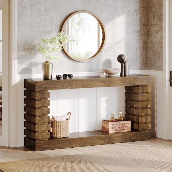 BYBLIGHT Turrella 70.8 in. Brown Rectangle Engineered Wood Console Table with Storage Shelf