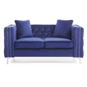 Paige 63 in. Blue Square Arm Straight Tufted Velvet Loveseat With 2-Throw Pillows