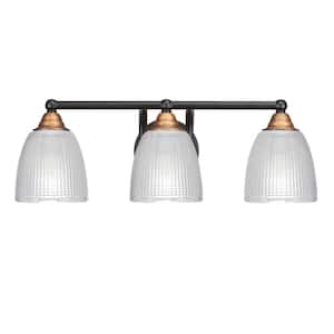 Madison 7.25 in. 3-Light Bath Bar, Matte Black and Brass, Clear Ribbed Glass Vanity Light