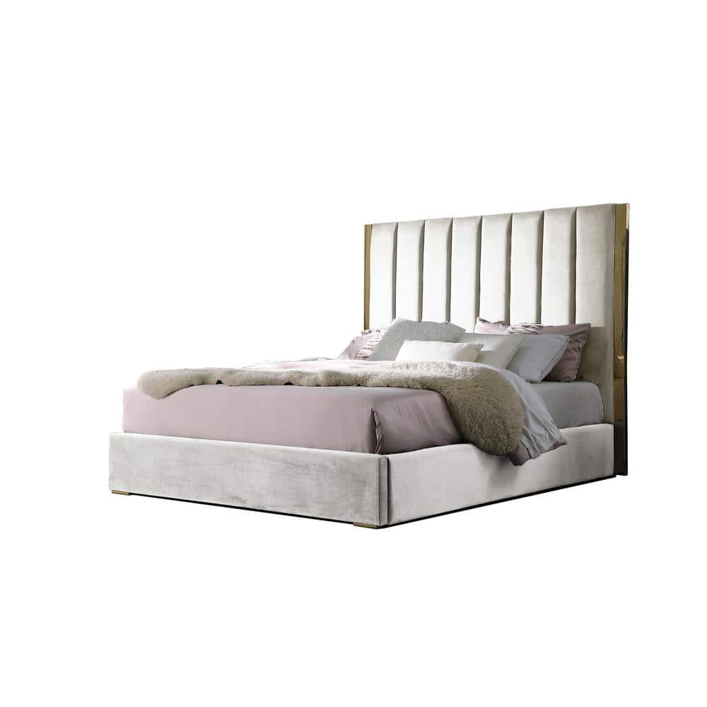 Luxurious Beige Velvet California King Bed with Gold Metal Accents