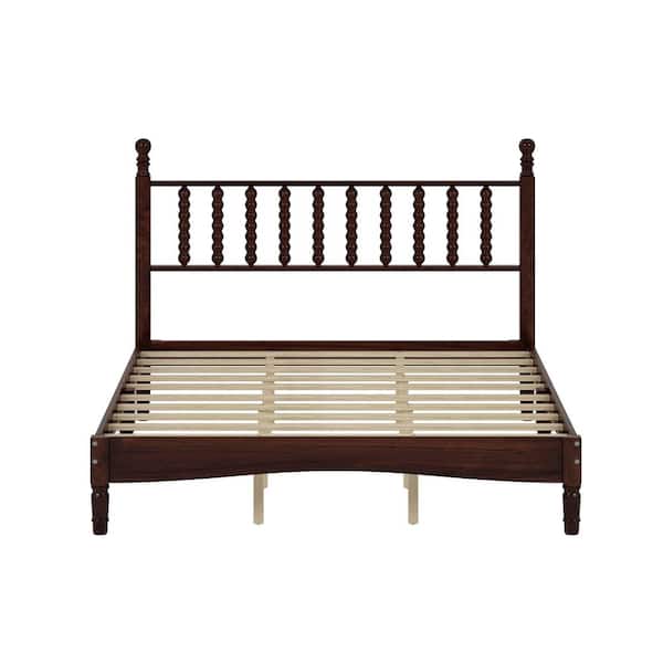 Walnut Wood Frame Queen Size Platform Bed with Gourd Shaped Headboard, Wooden Slat Support