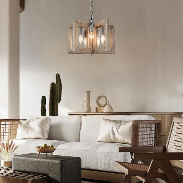 5-Light Grey Wood Cage Frame Chandelier Flush Mount Ceiling Light