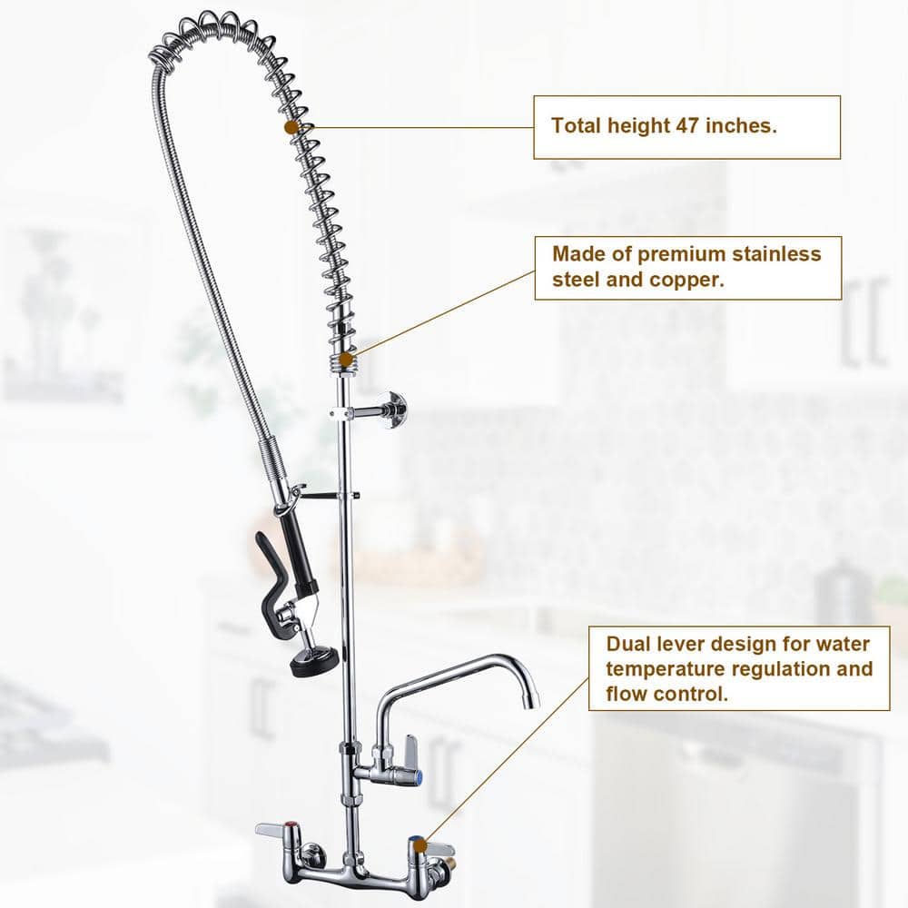 Commercial Chrome Triple Handle Wall Mount Kitchen Faucet with Pull-out Spray