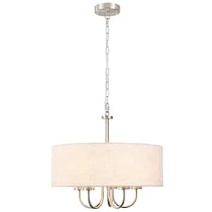 5-Light Brushed Nickel Candlestick Chandelier with Beige Linen Drum Shade