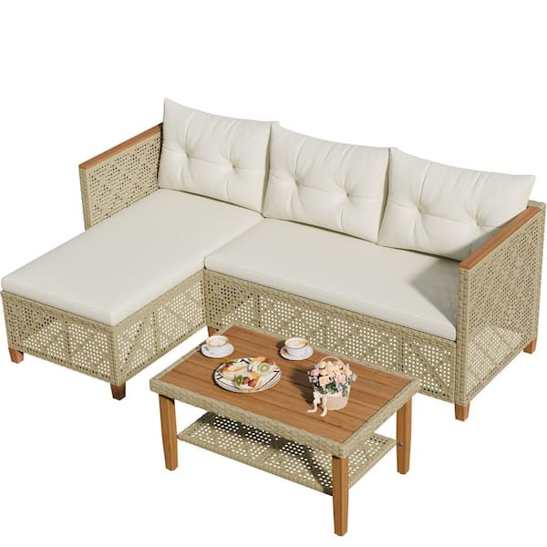Openwork Beige 3 Pieces Wicker Outdoor Sectional Set with White Cushions