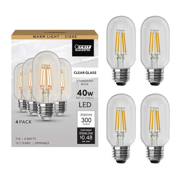 40-Watt Equivalent T14 Dimmable Straight Filament Clear Glass E26 Vintage Edison LED Light Bulb, Warm White (4-Pack)