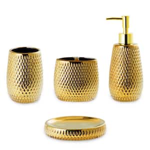 4-Piece Bathroom Accessory Set with Toothbrush Holder and Dish, Tumbler, Soap Dispenser in Gold