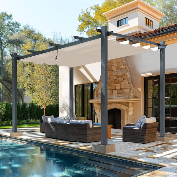 VEIKOUS 13 ft. W x 10 ft. D Aluminum Pergola Outdoor with Beige ...