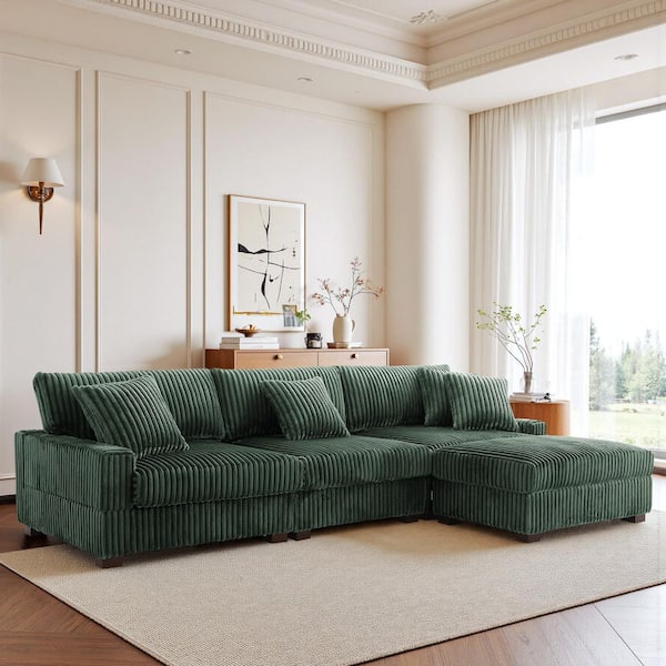 118.31 in. W Modern Square Arm 4-Piece Faux Rabbit Fur Fabric L-Shaped Modular Sectional Sofa in. Green