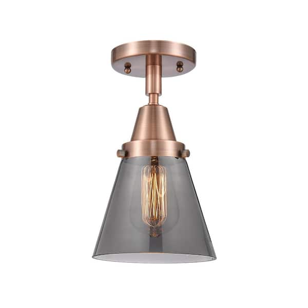 Innovations Cone 6.25 in. 1-Light Antique Copper Industrial Flush Mount with Smoked Glass Shade