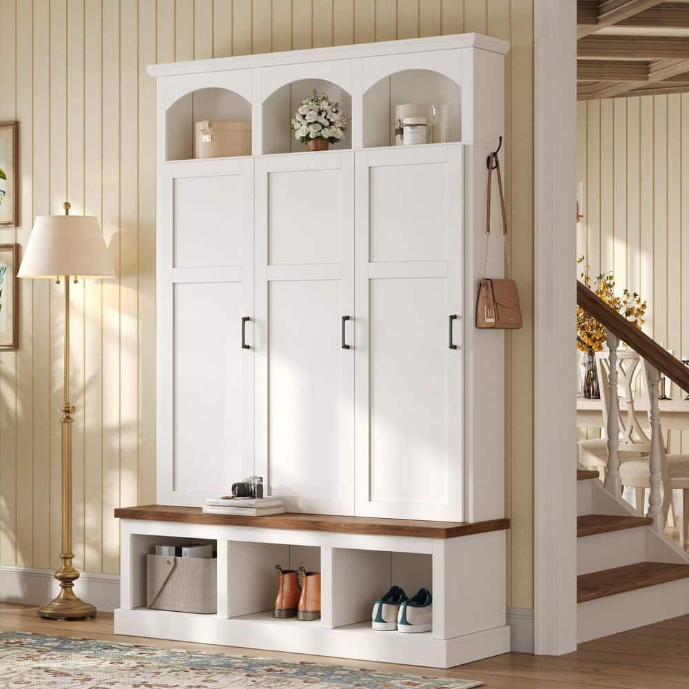 Polibi White Wood Hall Tree with 3 Hidden Storage, Walnut Bench, 5