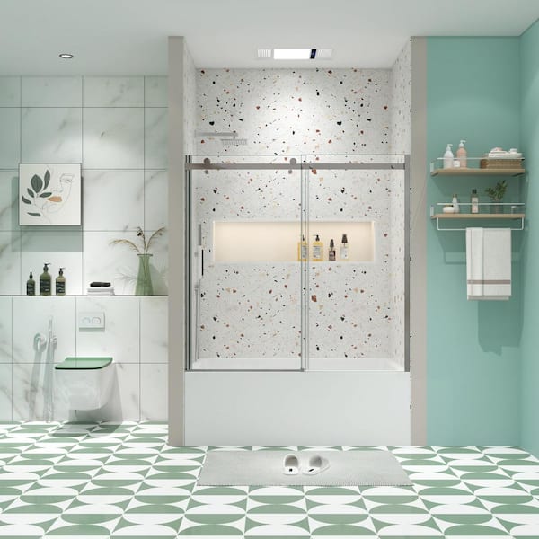 ANGELES HOME 60 in. W x 58 in. H Sliding Semi-Frameless Tub Door in Chrome Finish with 5/16" Clear Glass, Left/Right Opening