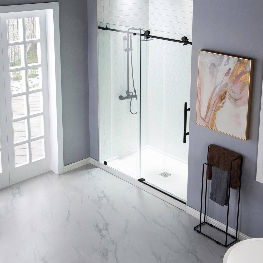 Matte Black Frameless Sliding Shower Door with Clear Tempered Glass