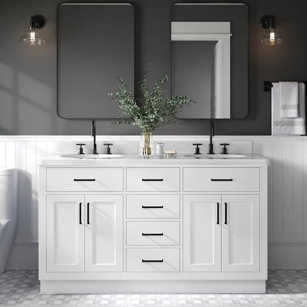 ARIEL Hepburn 60 in. W x 22 in. D x 36 in. H Double Sink Freestanding Bath Vanity in White with Carrara Quartz Top
