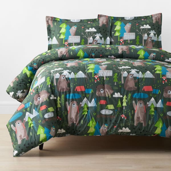 Company Kids Green Multi Bear Camp Organic Cotton Percale Twin/Twin XL Comforter Set