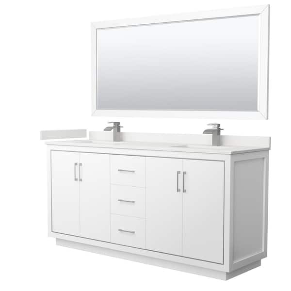 Wyndham Collection Icon 72 in. W x 22 in. D x 35 in. H Double Bath Vanity in White with White Quartz Top and 70 in. Mirror