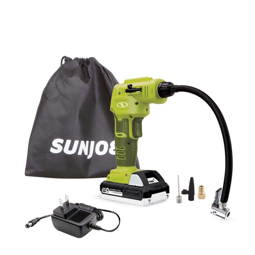 Sun Joe 24V-AJC-LTW 24-Volt iON+ Cordless Portable Air Compressor Kit  W/ 1.3-Ah Battery  Charger  Storage Bag  and Nozzle Adapters