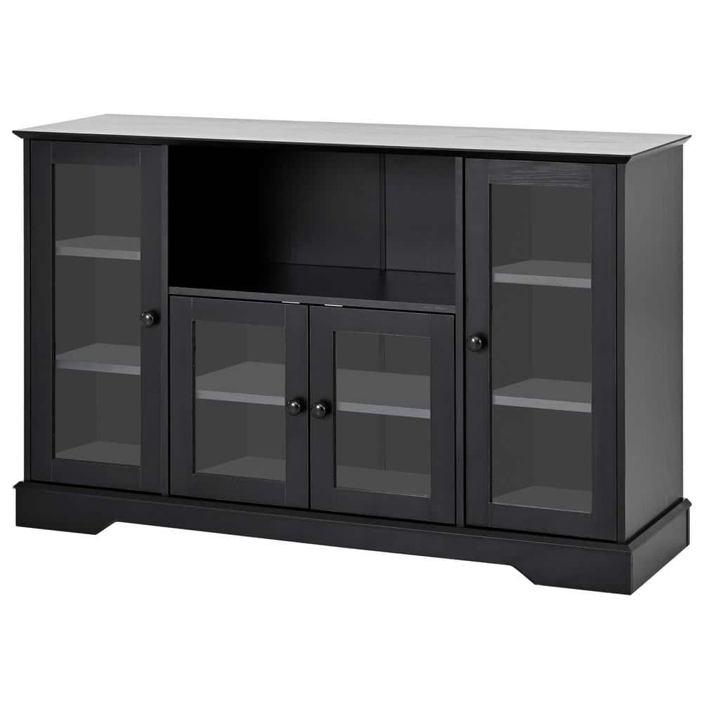 51.9 in. W x 15.7 in. D x 33.4 in. H Black Linen Cabinet with Glass Doors, Adjustable Shelves and Open Shelf