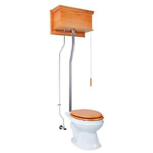 Light Oak High Tank Pull Chain Toilet 2-piece 1.6 GPF Single Flush Round Bowl Toilet in. White Seat Not Included