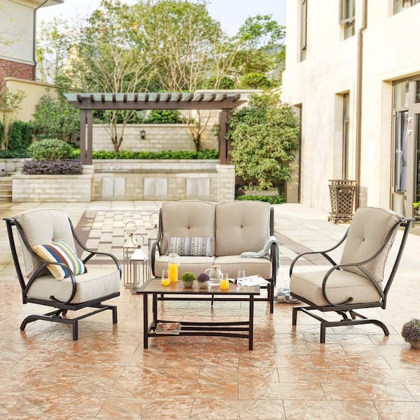Patio Festival 4-Piece Metal Patio Conversation Set with Beige Cushions