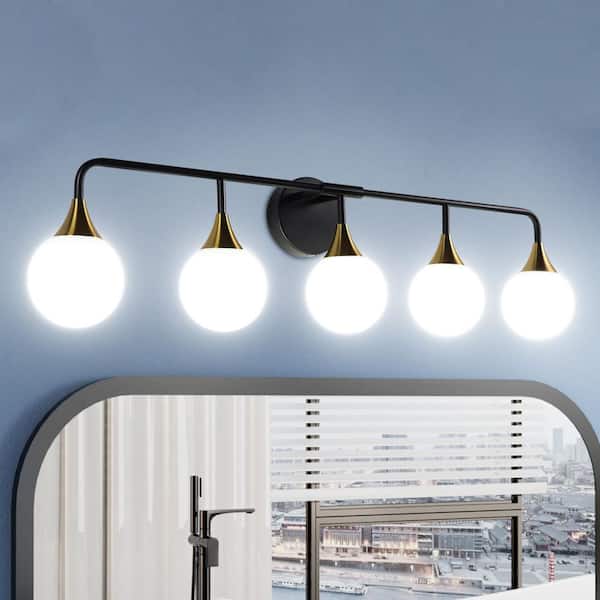 Merrin 38.19 in. 5-Lights Black LED Bathroom Vanity Light with Globe Shades
