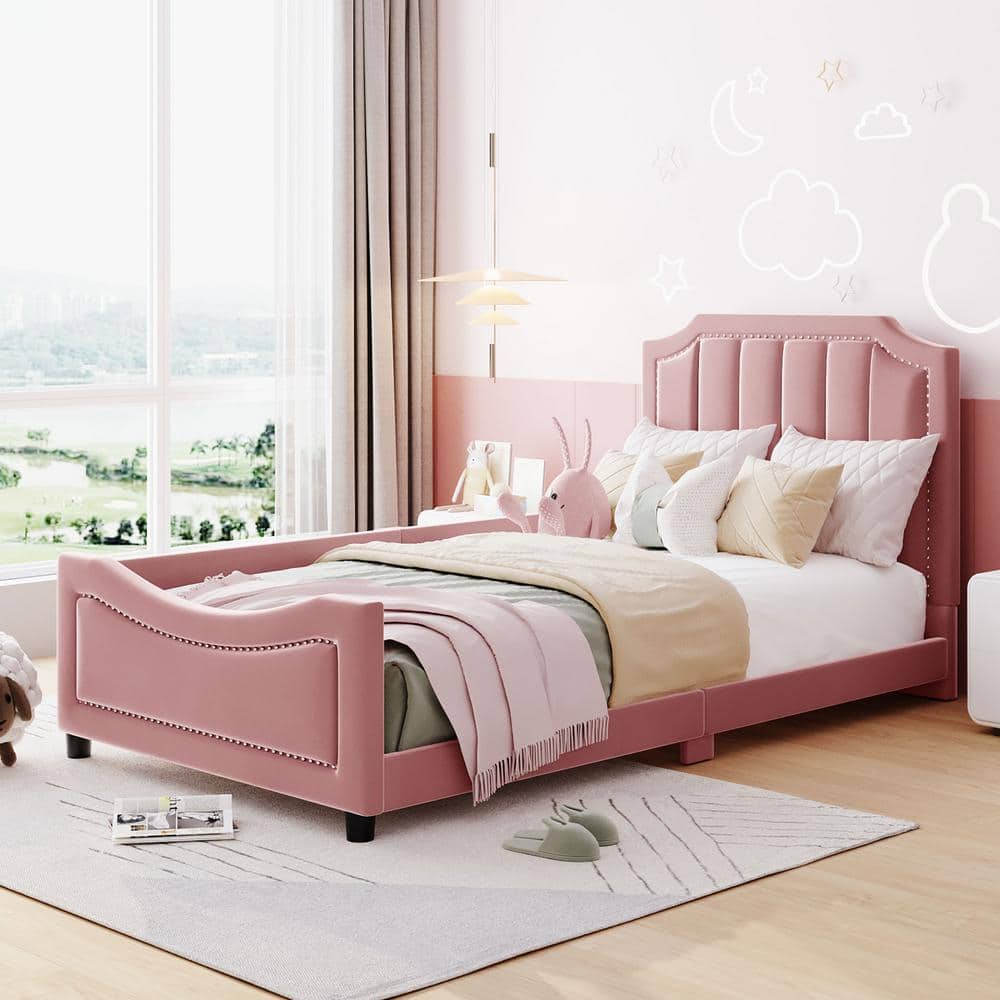Pink Wood Frame Twin Size Velvet Upholstered Daybed with Classic Vertical Stripe Shaped Headboard, Nailhead Trim Design price history on PriceWatchPro
