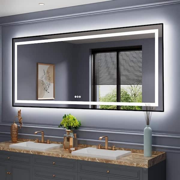 KIOTEE 77 in. W x 36 in. H Rectangular Framed Front and Back LED Lighted Anti-Fog Wall Bathroom Vanity Mirror in Tempered Glass