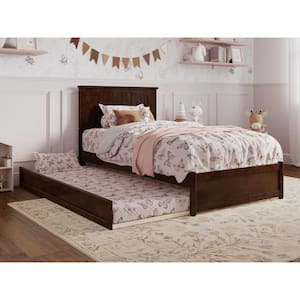 Malta Walnut Brown Solid Wood Frame Twin Platform Bed with Panel Footboard and Twin Trundle