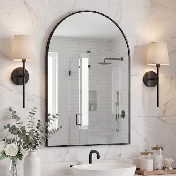 Elodie 24 in. W x 36 in. H Medium Arched Metal Framed Wall Mounted Mirror, Black