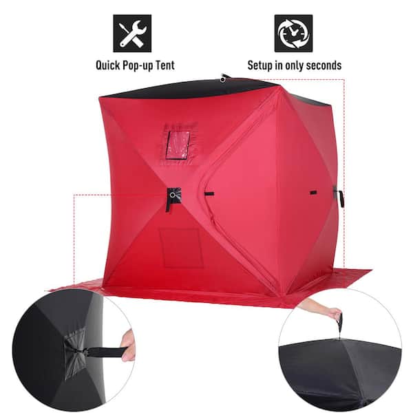 Outsunny 2 Person Ice Fishing Shelter with Internal Storage Bag, Insulated Waterproof Portable Pop Up Ice Tent for Outdoor Fishing, Red