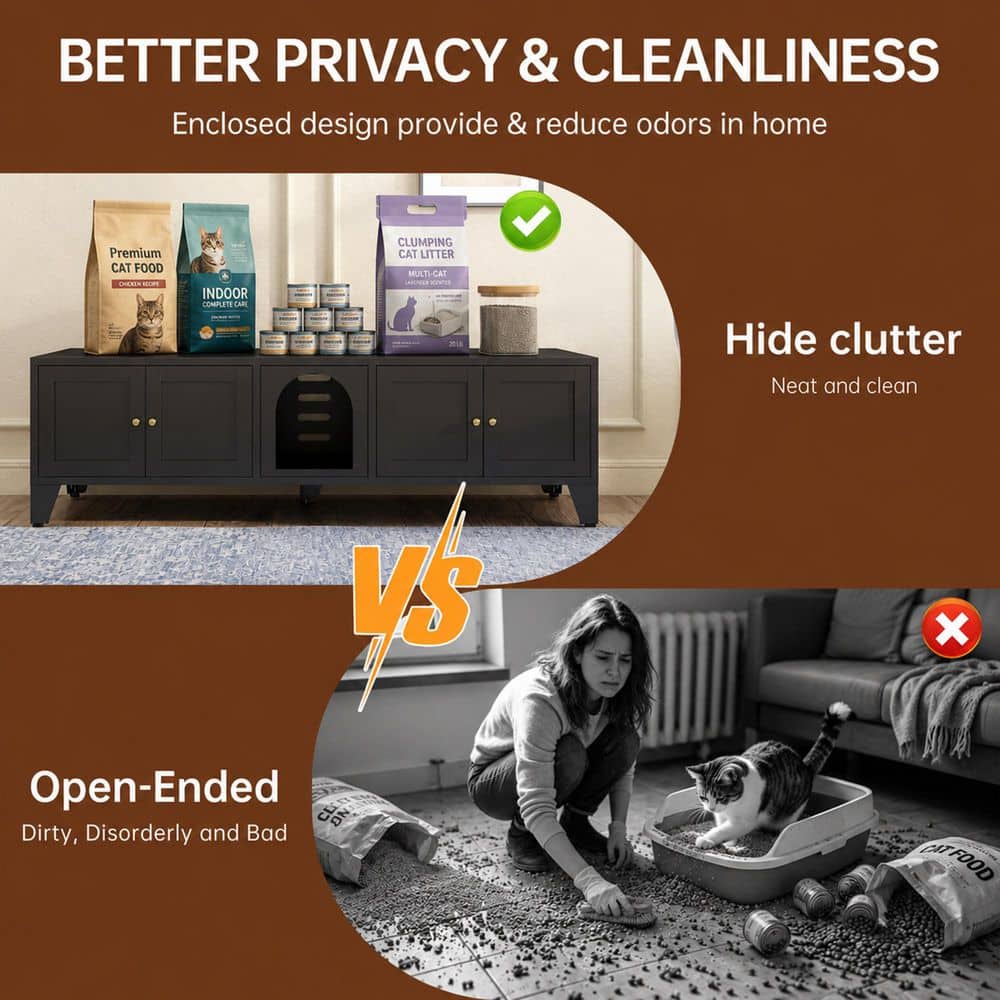 Comparison infographic: enclosed vs open litter boxes.