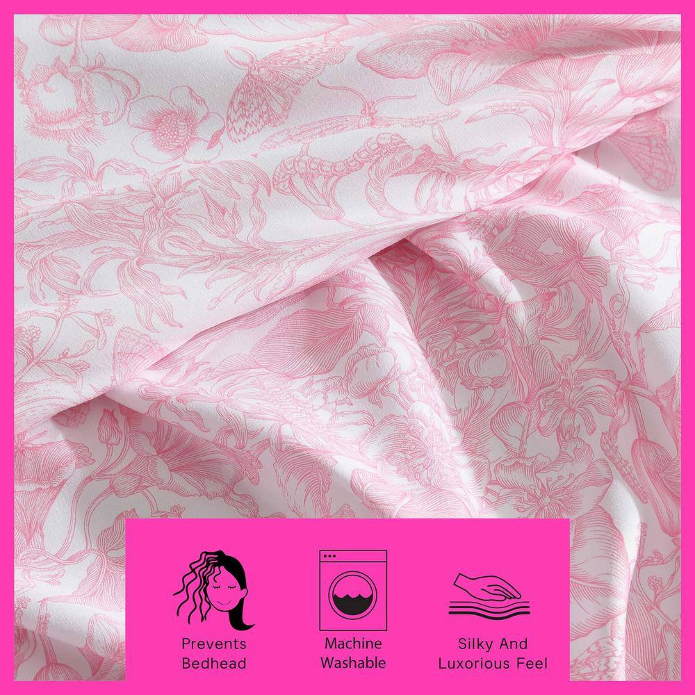 Full Pink and White Floral Satin Microfiber Sheet Set