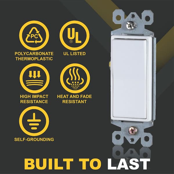 Decorator 15A Rocker 3-Way Light Switch White 10 Pack 