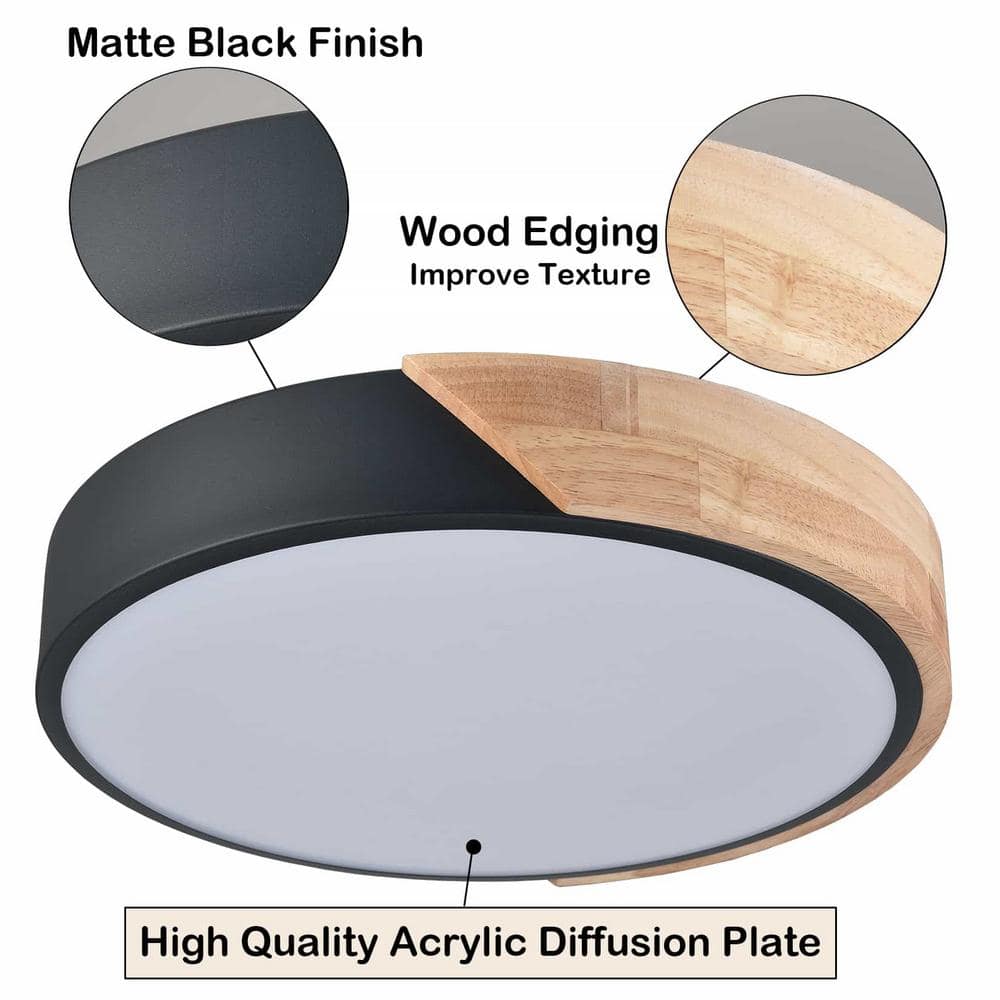 Black and Wood LED Drum Flush Mount Ceiling Light